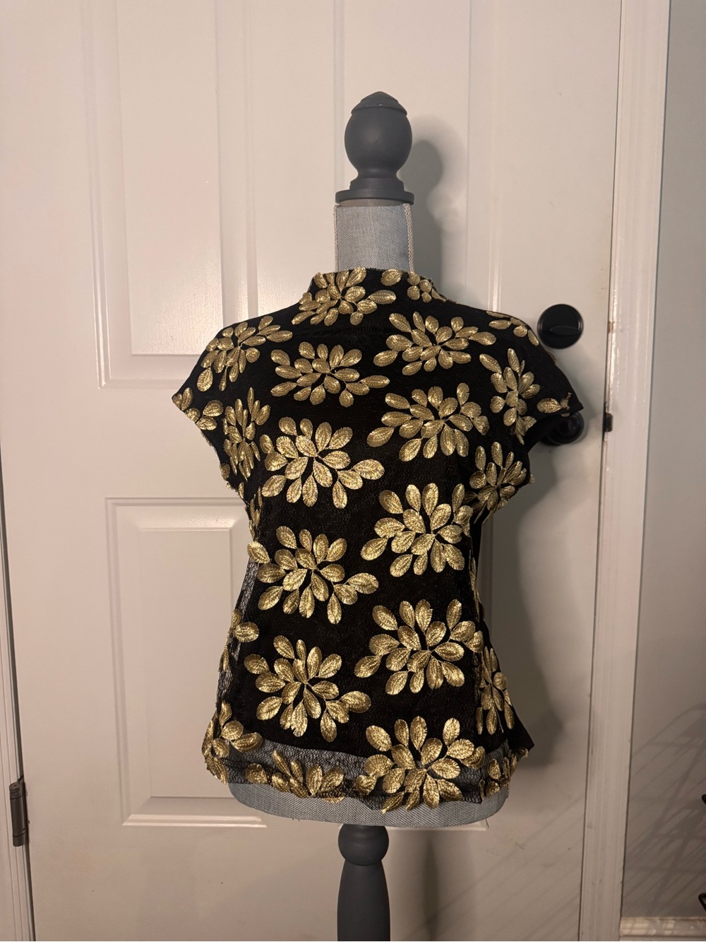 Black Top with Metallic Gold Floral Embroidery